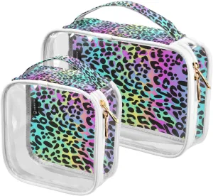 Rainbow-leopard-pattern 2 Pack Clear Toiletry Bag Women Men, Portable Waterproof Clear Pouch, Cosmetic Bag with Double Zippers Large Opening Traveling with Handle for Bathroom Traveling Vacation Organ