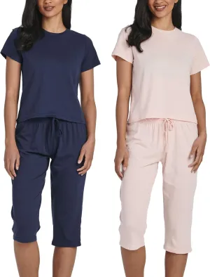Real Essentials 2 Pack: Women's Cotton Short Sleeve Top and Capri Pants Pajama Lounge PJ Sets with Pocket (Available In Plus)