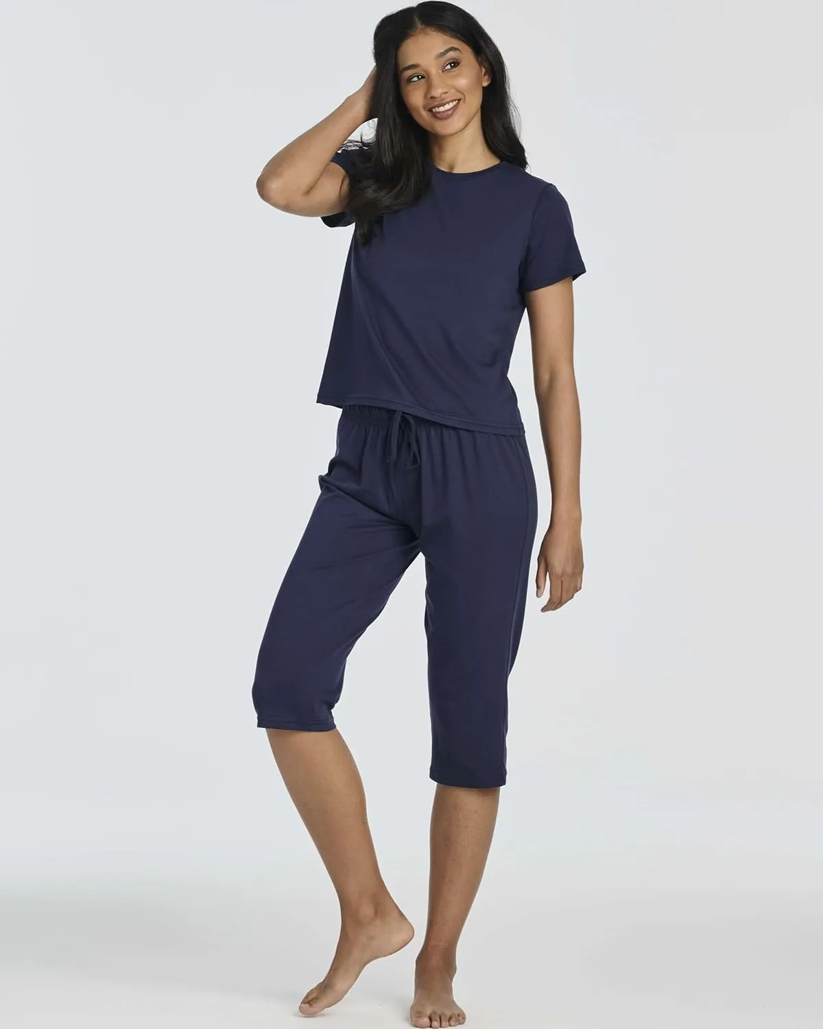 Real Essentials 2 Pack: Women's Cotton Short Sleeve Top and Capri Pants Pajama Lounge PJ Sets with Pocket (Available In Plus)