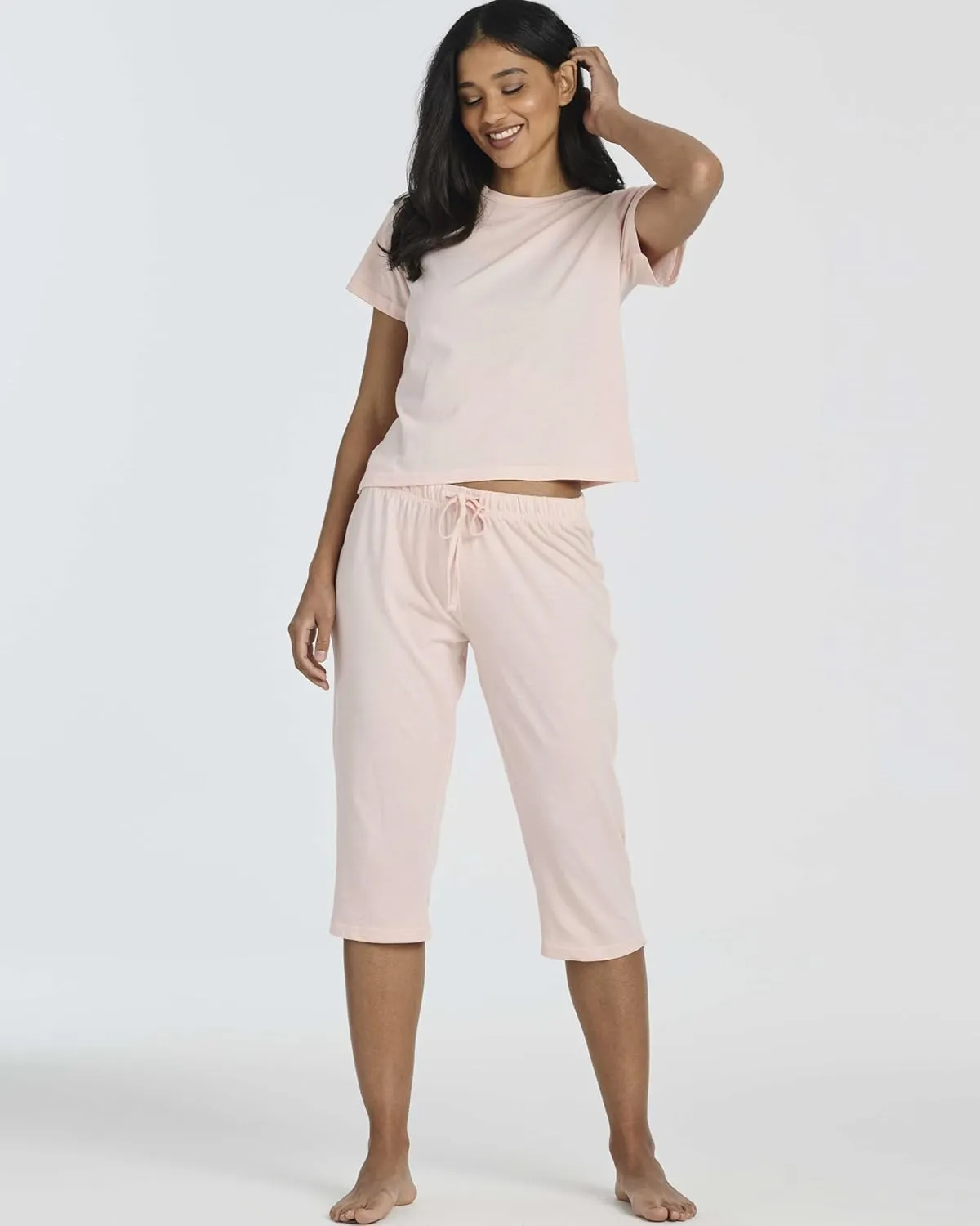 Real Essentials 2 Pack: Women's Cotton Short Sleeve Top and Capri Pants Pajama Lounge PJ Sets with Pocket (Available In Plus)