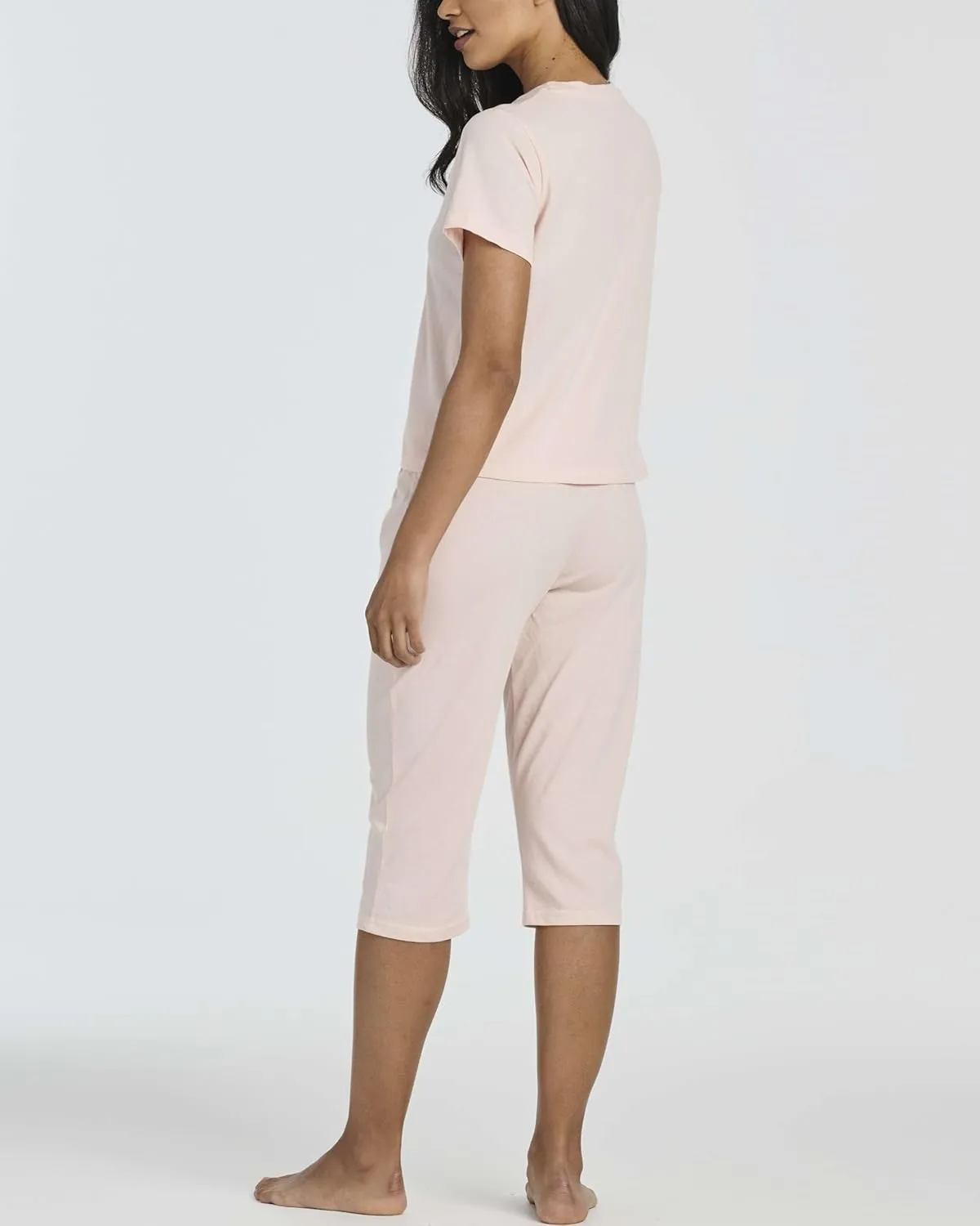 Real Essentials 2 Pack: Women's Cotton Short Sleeve Top and Capri Pants Pajama Lounge PJ Sets with Pocket (Available In Plus)