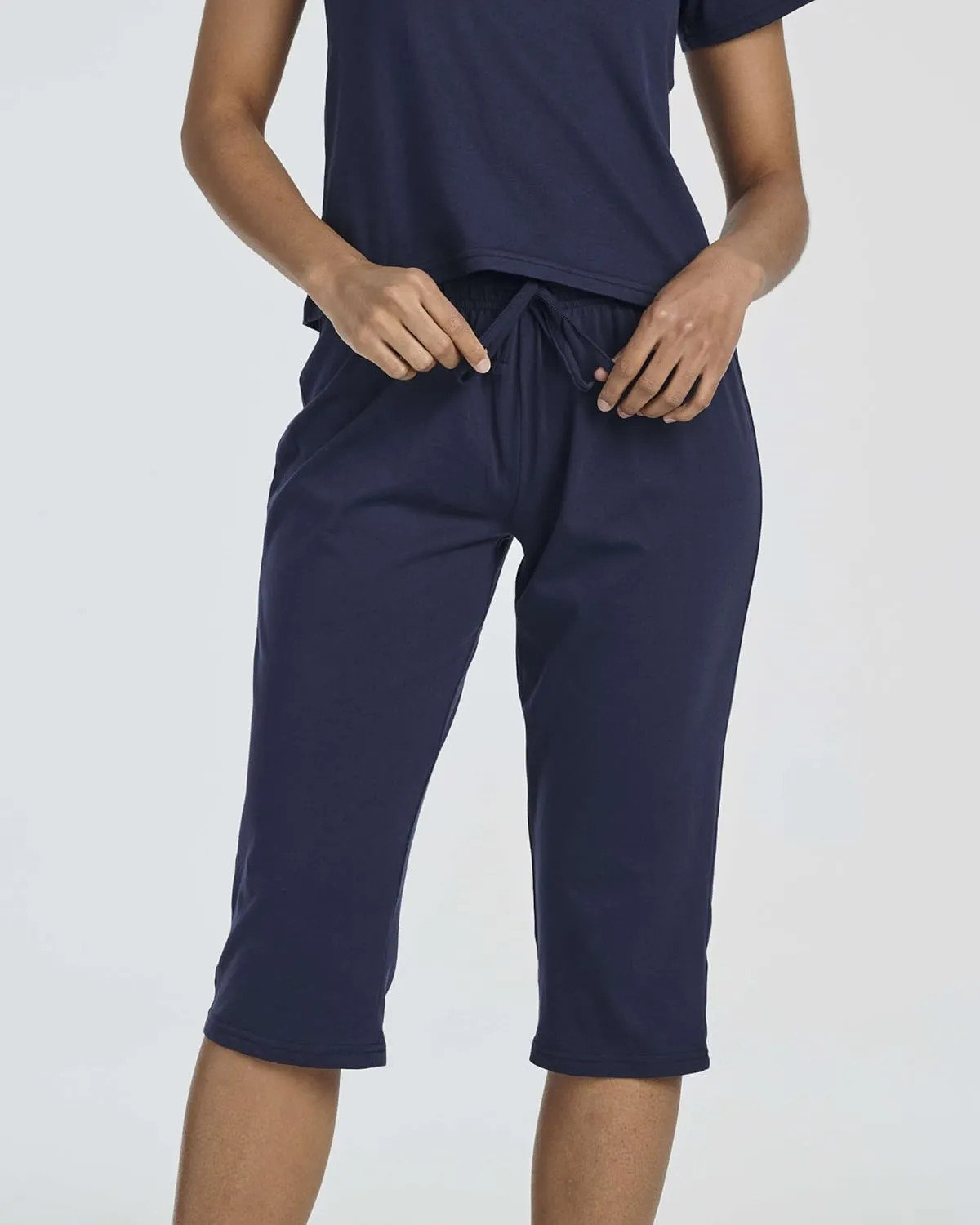 Real Essentials 2 Pack: Women's Cotton Short Sleeve Top and Capri Pants Pajama Lounge PJ Sets with Pocket (Available In Plus)