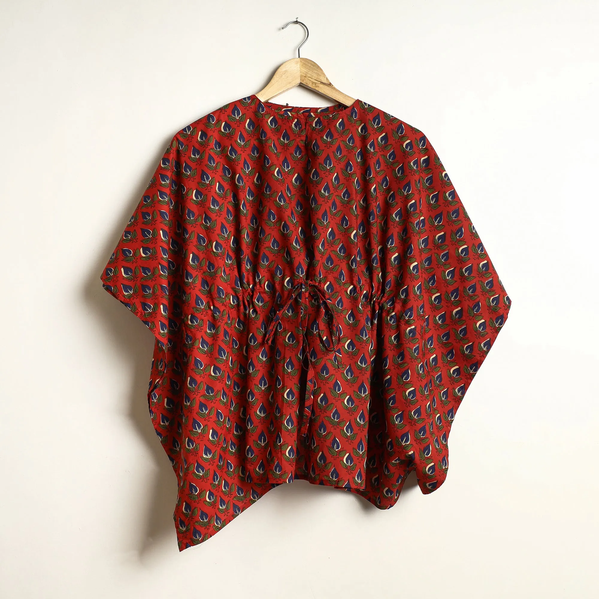 Red - Bagru Block Printed Cotton Kaftan & Pyjama Night Suit Set