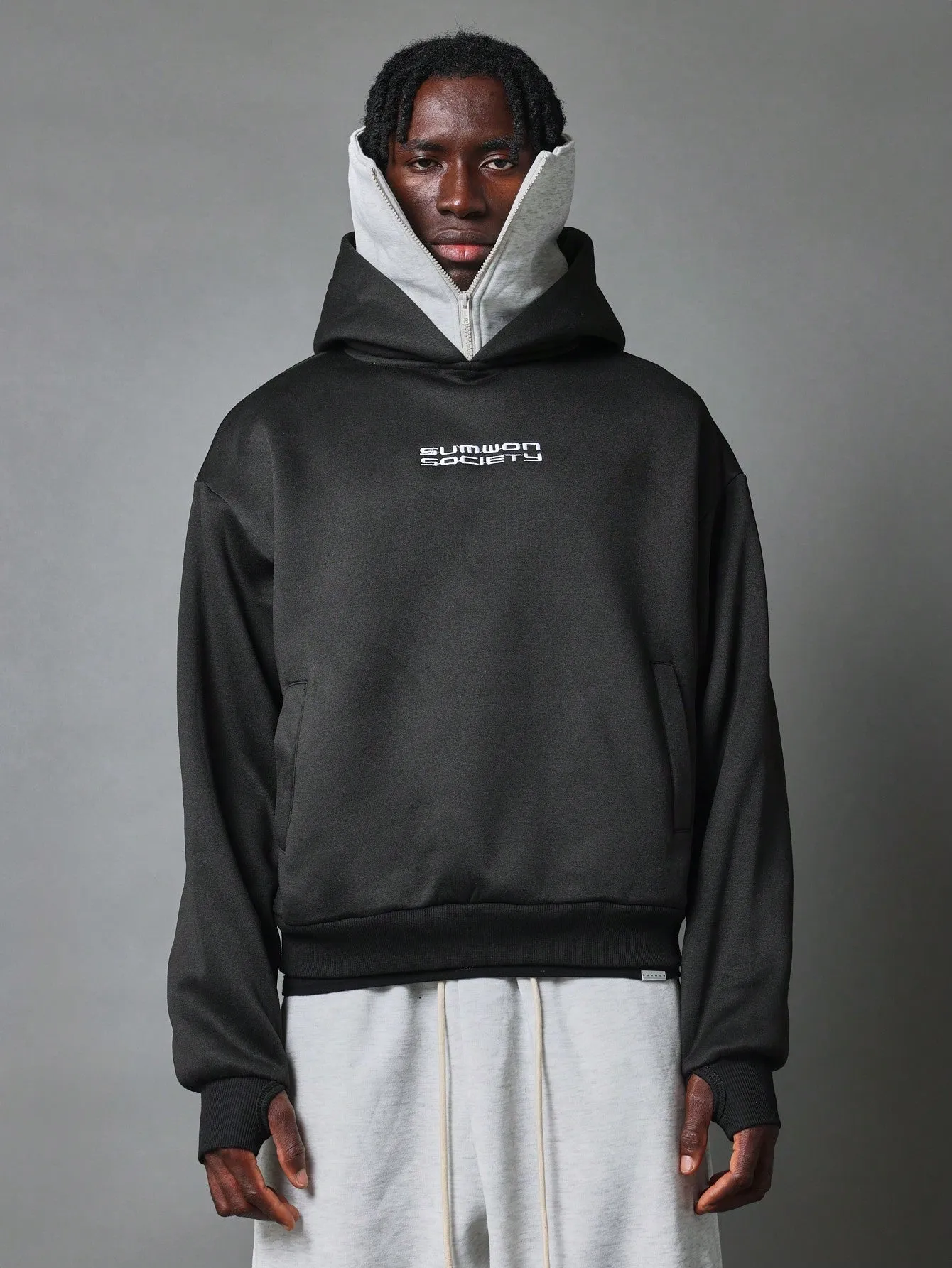 Regular Fit Contrast Colour Zip Masked Overhead Hoodie With Embroidery & Side Pocket