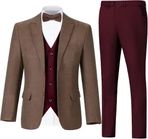 Retro 3 Piece Suit Tweed Herringbone Suit Jacket 2 Button Slim Fit Groom Men Formal Suit Vest Dress Pants Prom Tuxedo