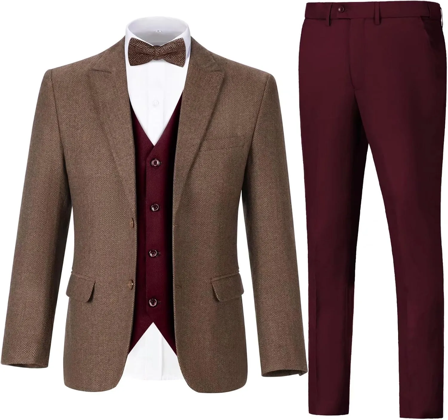 Retro 3 Piece Suit Tweed Herringbone Suit Jacket 2 Button Slim Fit Groom Men Formal Suit Vest Dress Pants Prom Tuxedo