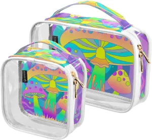 Retro-mushroom 2 Pack Clear Toiletry Bag Women Men, Portable Waterproof Clear Pouch, Cosmetic Bag with Double Zippers Large Opening Traveling with Handle for Bathroom Traveling Vacation Organizing