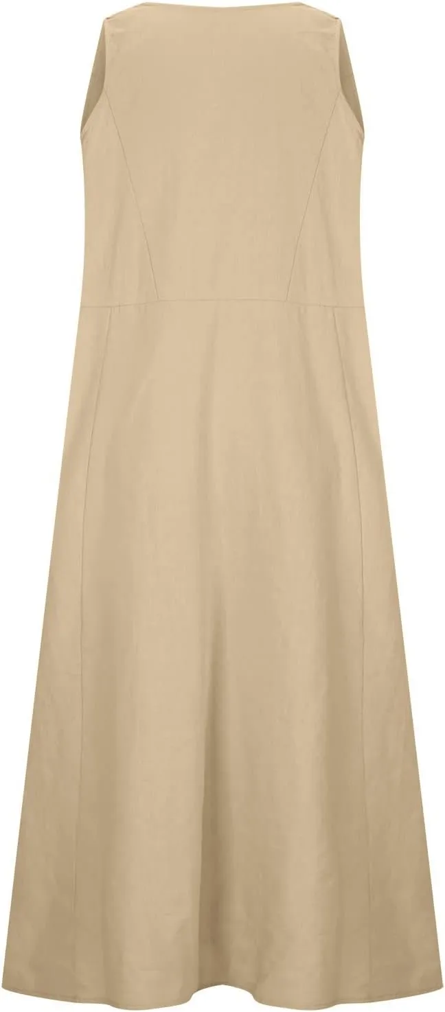 RKSTN Women Plain Cotton Linen Dresses Summer Sleeveless Maxi Dress Boho Casual Plus Size Loose Fit Long Dress with Pockets