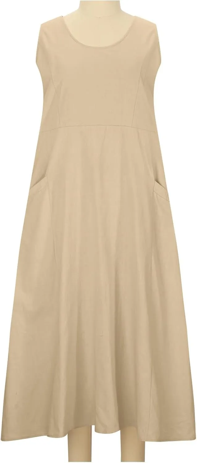 RKSTN Women Plain Cotton Linen Dresses Summer Sleeveless Maxi Dress Boho Casual Plus Size Loose Fit Long Dress with Pockets