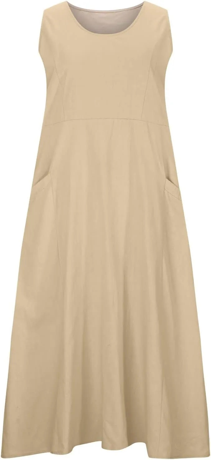 RKSTN Women Plain Cotton Linen Dresses Summer Sleeveless Maxi Dress Boho Casual Plus Size Loose Fit Long Dress with Pockets
