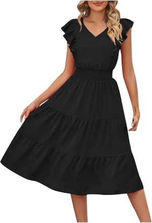 Ruffle Cap Sleeve Midi Dress for Women Elegant A-Line Swing Dresses Summer Flowy Tiered Knee Length Holiday