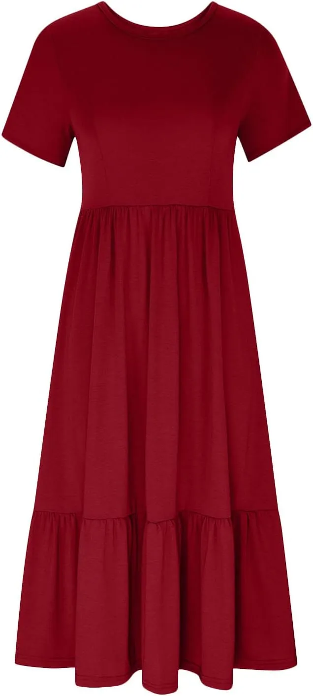 Ruffle Hem Maxi Dress for Women Crewneck Short Sleeve T Shirt Dresses Casual Summer Long Dress Plain Sundress