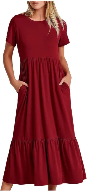 Ruffle Hem Maxi Dress for Women Crewneck Short Sleeve T Shirt Dresses Casual Summer Long Dress Plain Sundress