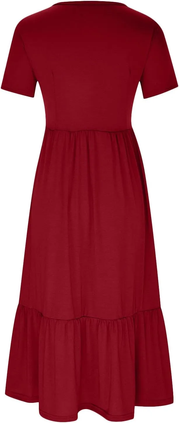 Ruffle Hem Maxi Dress for Women Crewneck Short Sleeve T Shirt Dresses Casual Summer Long Dress Plain Sundress