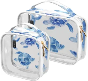 Sea-turtles 2 Pack Clear Toiletry Bag Women Men, Portable Waterproof Clear Pouch, Cosmetic Bag with Double Zippers Large Opening Traveling with Handle for Bathroom Traveling Vacation Organizing