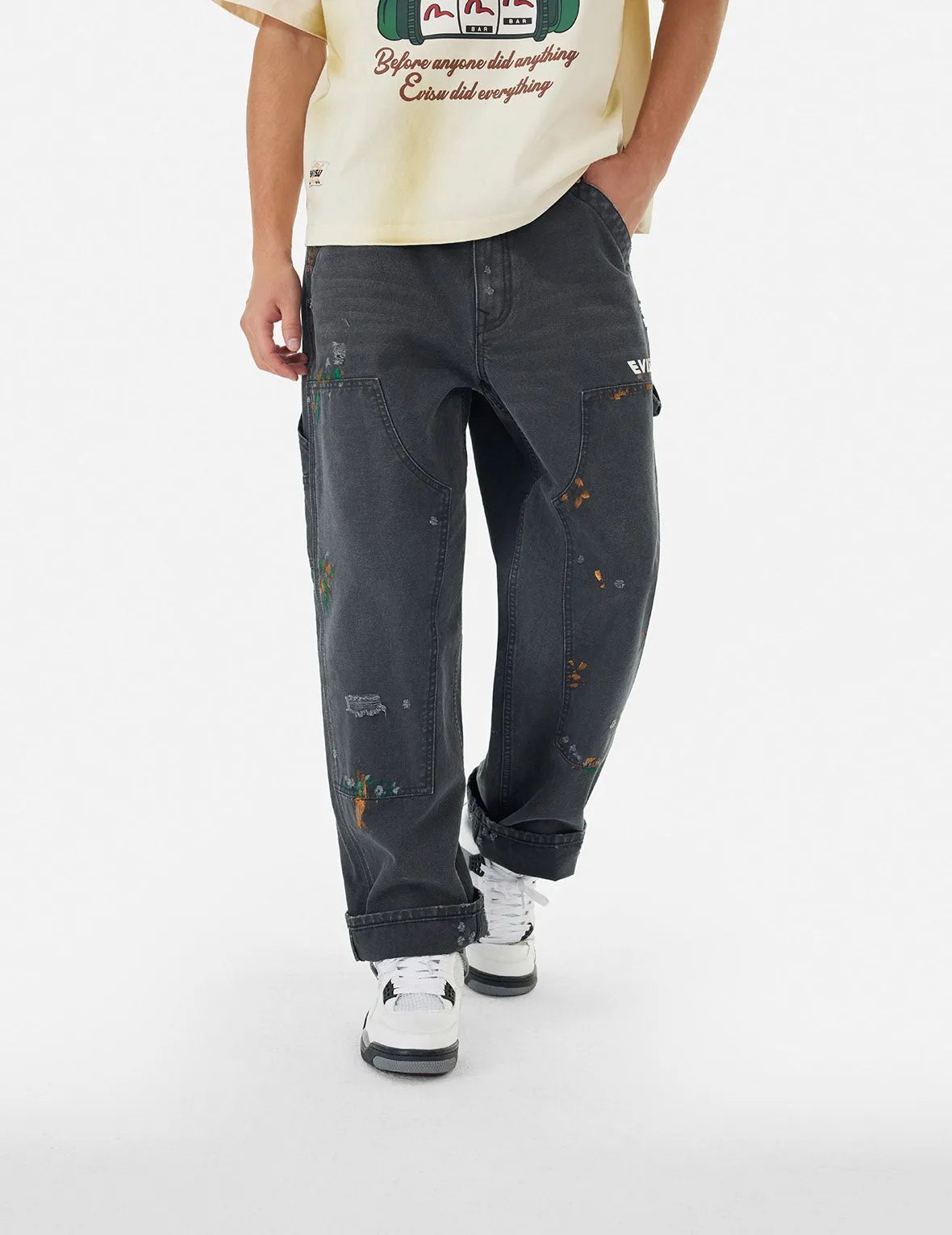 Seagull Embroidery and Logo Print Relax Fit Washed Pants