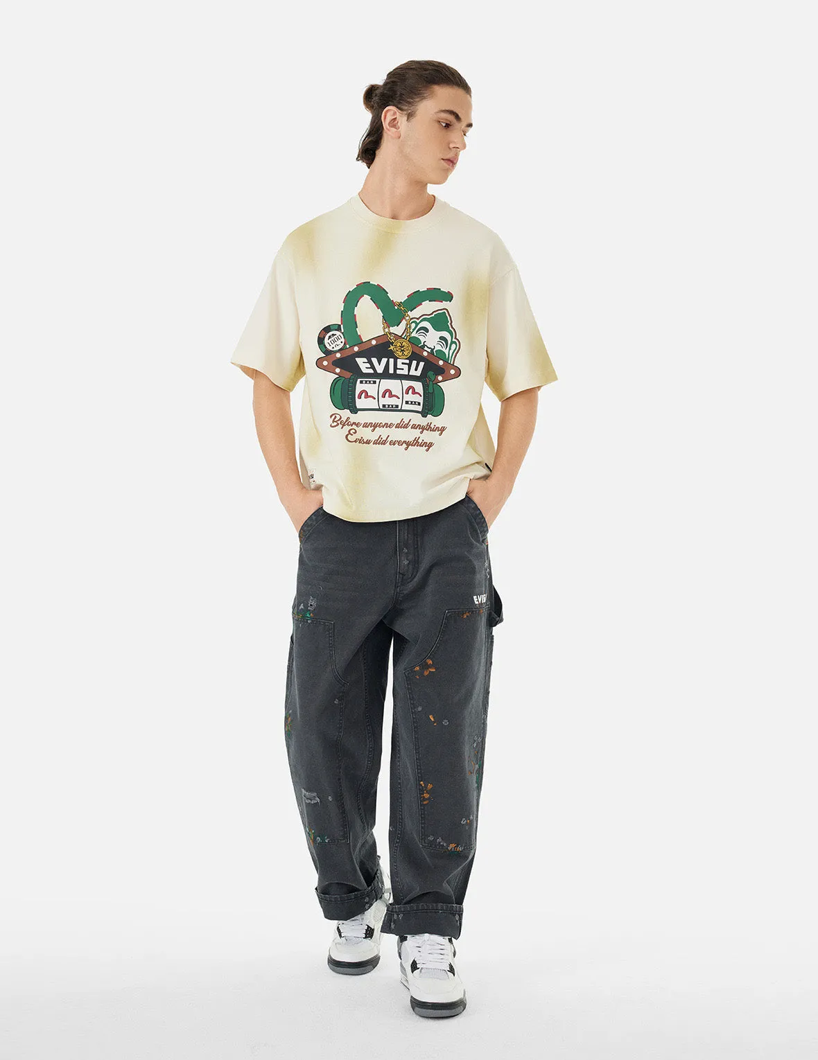 Seagull Embroidery and Logo Print Relax Fit Washed Pants