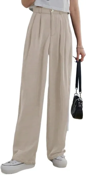 SECOLI Women's Straight Wide Leg Trousers Pants Apricot Casual High Waist Straight Leg Pants