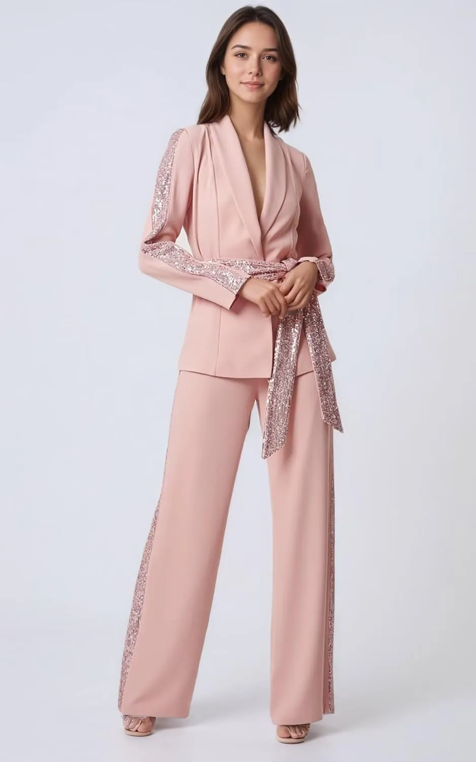 Sequin Suits for Women Wedding Guest Patchwork 2 Piece Glitter Womens Suit with Belt Sparkly Sexy Women Pants Suit