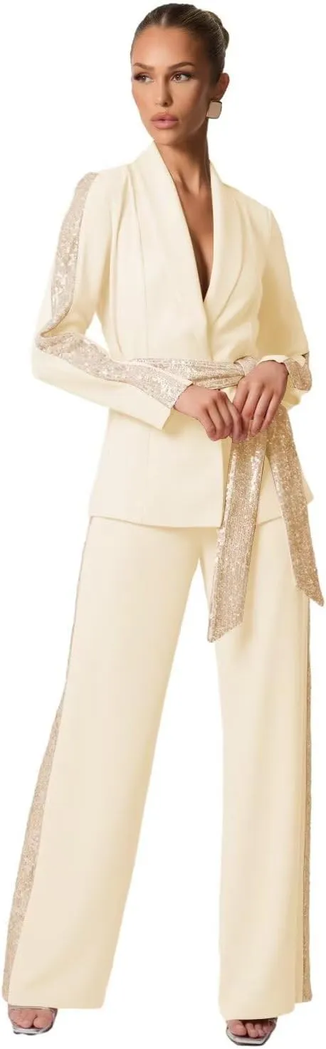 Sequin Suits for Women Wedding Guest Patchwork 2 Piece Glitter Womens Suit with Belt Sparkly Sexy Women Pants Suit