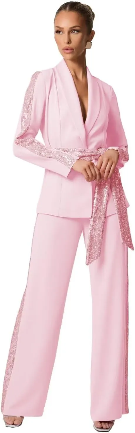 Sequin Suits for Women Wedding Guest Patchwork 2 Piece Glitter Womens Suit with Belt Sparkly Sexy Women Pants Suit