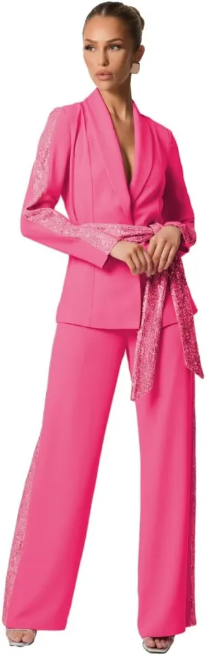 Sequin Suits for Women Wedding Guest Patchwork 2 Piece Glitter Womens Suit with Belt Sparkly Sexy Women Pants Suit