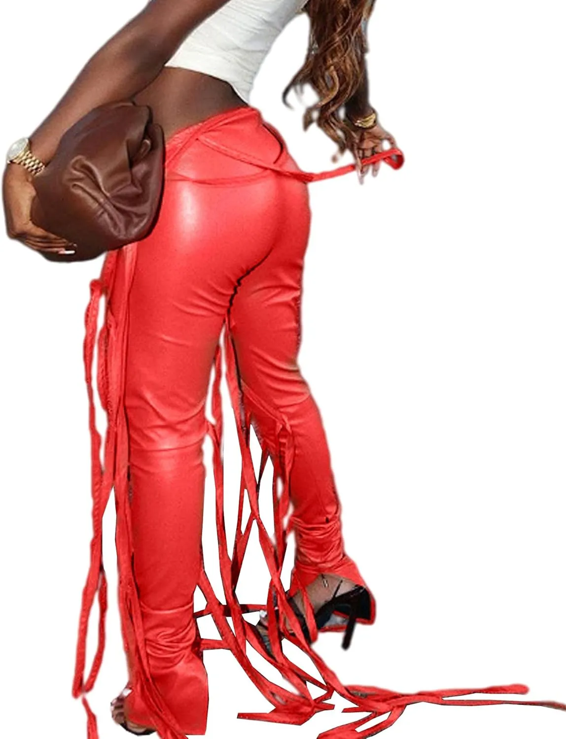 Sexyshine Women's Bandage PU Faux Leather Pants High Waist Skinny Split Hem Leggings Lace Up Punk Club Trousers