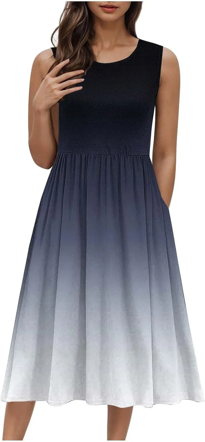 Sleeveless A-Line Beach Dress for Women Crewneck Midi Dresses Summer Casual Loose Flowy Tshirt Dress with Pockets