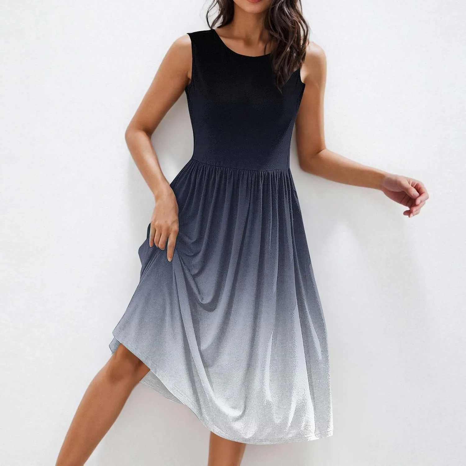 Sleeveless A-Line Beach Dress for Women Crewneck Midi Dresses Summer Casual Loose Flowy Tshirt Dress with Pockets