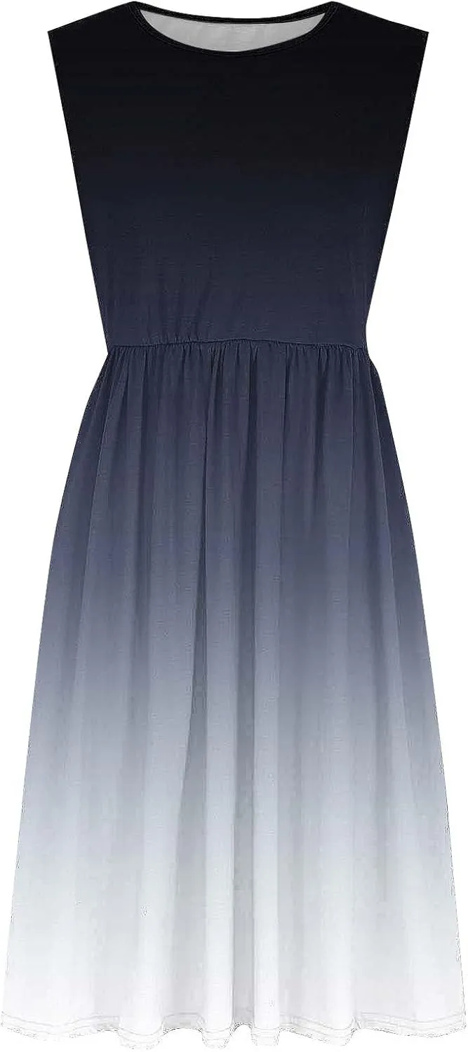 Sleeveless A-Line Beach Dress for Women Crewneck Midi Dresses Summer Casual Loose Flowy Tshirt Dress with Pockets