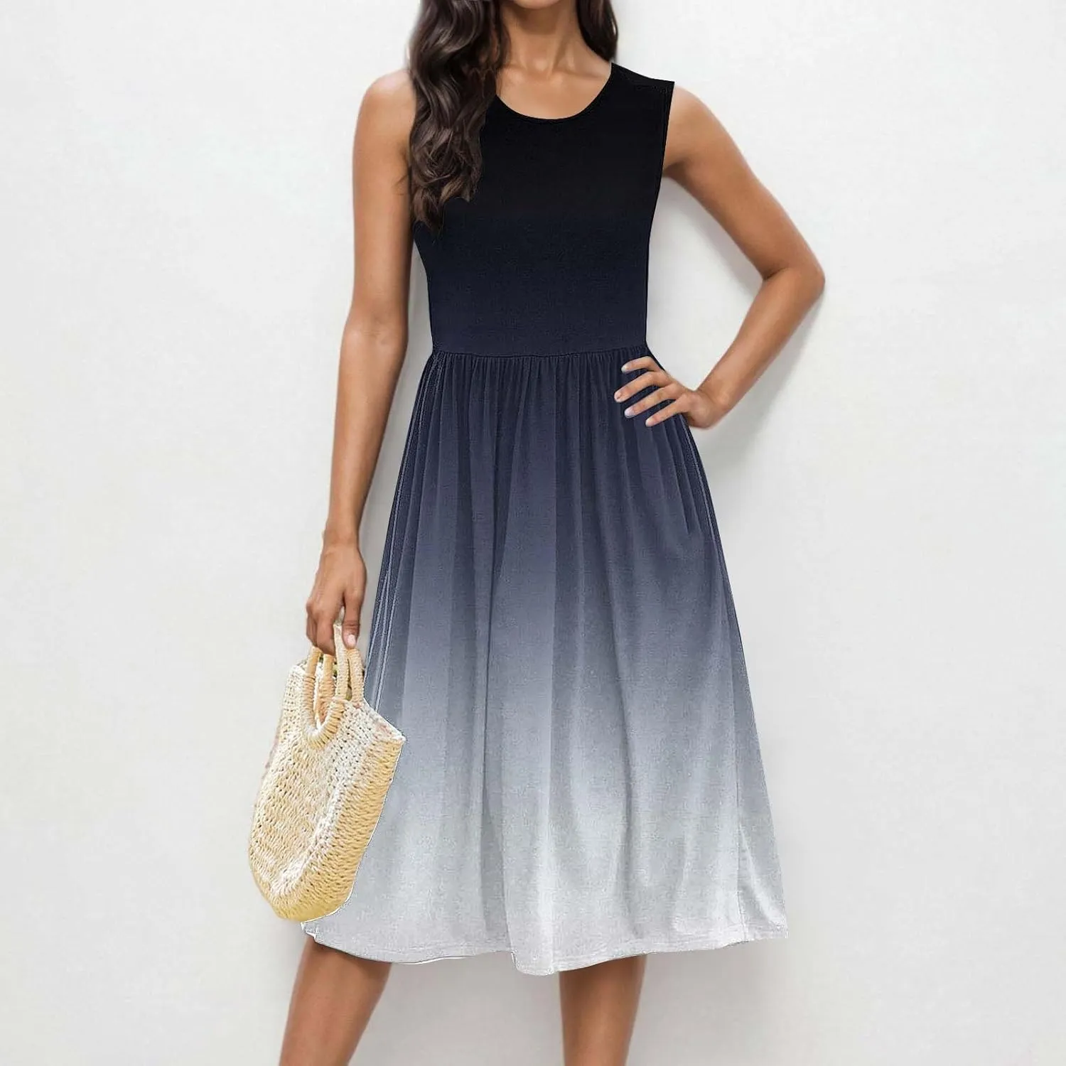 Sleeveless A-Line Beach Dress for Women Crewneck Midi Dresses Summer Casual Loose Flowy Tshirt Dress with Pockets