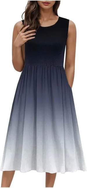 Sleeveless A-Line Beach Dress for Women Crewneck Midi Dresses Summer Casual Loose Flowy Tshirt Dress with Pockets