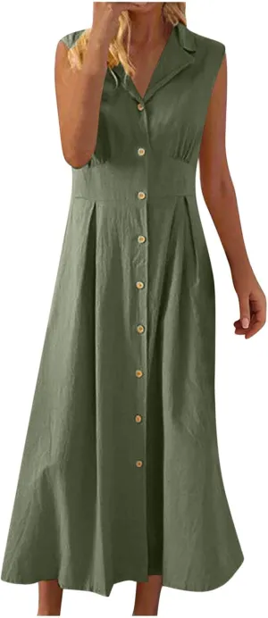 Sleeveless Dresses for Women Full Button Down Collared Cotton Linen Long Dresses Flowy Pleated Business Work Dress