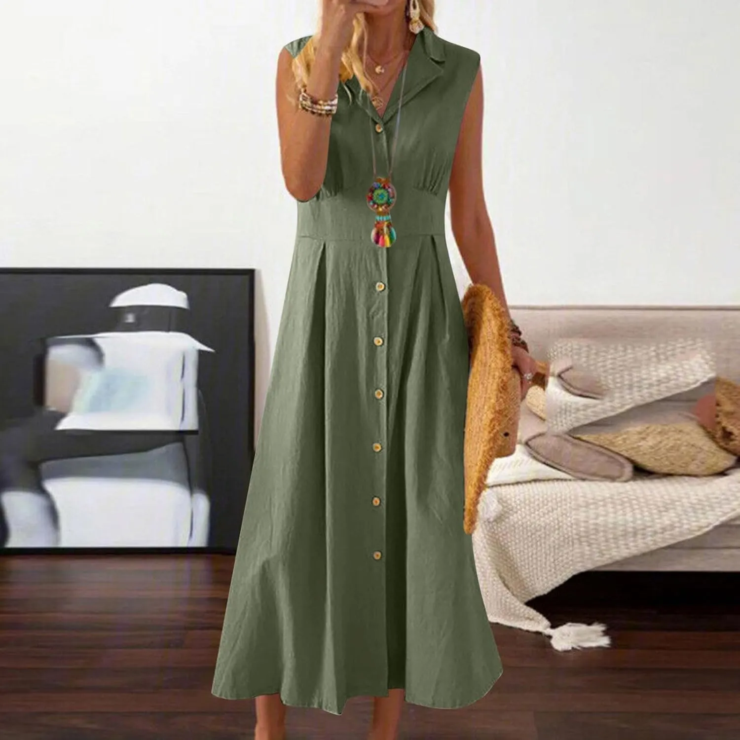 Sleeveless Dresses for Women Full Button Down Collared Cotton Linen Long Dresses Flowy Pleated Business Work Dress