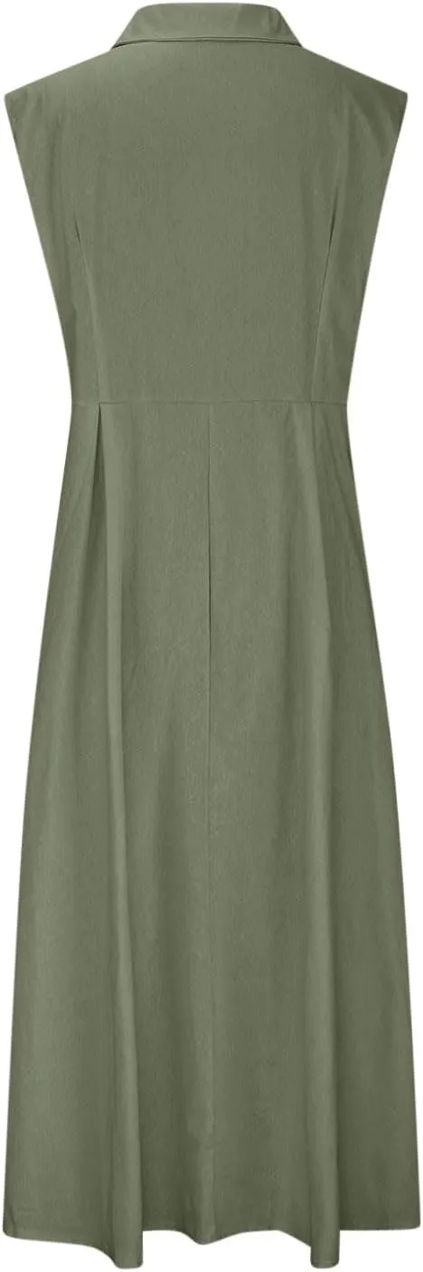 Sleeveless Dresses for Women Full Button Down Collared Cotton Linen Long Dresses Flowy Pleated Business Work Dress