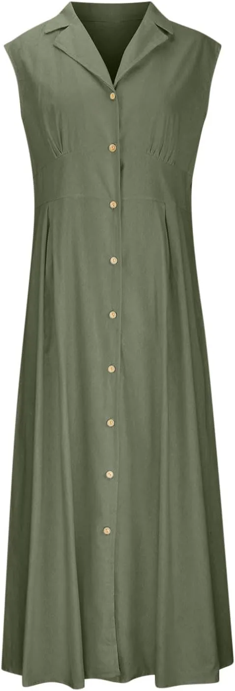 Sleeveless Dresses for Women Full Button Down Collared Cotton Linen Long Dresses Flowy Pleated Business Work Dress