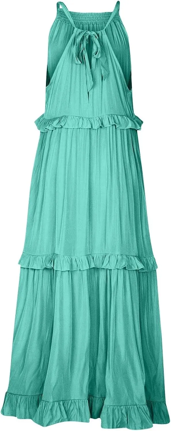 Smocked Halter Maxi Dress for Women Elegant Loose Flowy Tiered Ruffle Dress Summer Swing Tie Back Beach Dresses