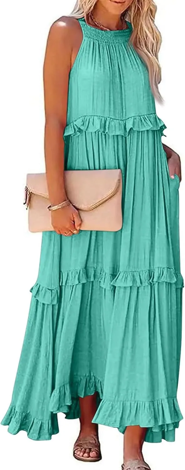 Smocked Halter Maxi Dress for Women Elegant Loose Flowy Tiered Ruffle Dress Summer Swing Tie Back Beach Dresses