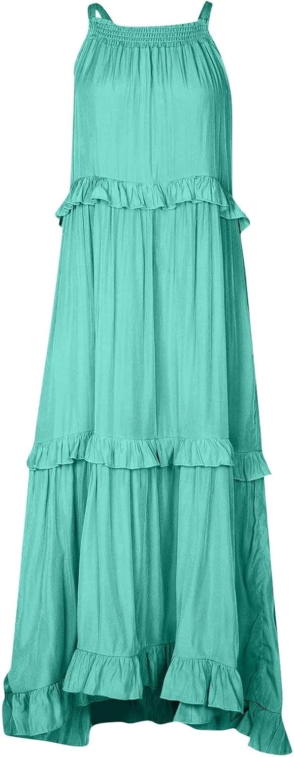 Smocked Halter Maxi Dress for Women Elegant Loose Flowy Tiered Ruffle Dress Summer Swing Tie Back Beach Dresses