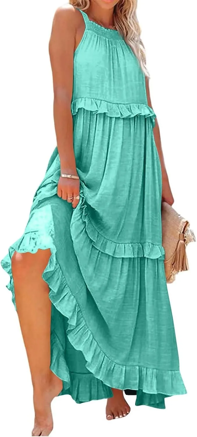 Smocked Halter Maxi Dress for Women Elegant Loose Flowy Tiered Ruffle Dress Summer Swing Tie Back Beach Dresses