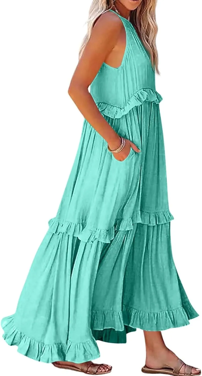 Smocked Halter Maxi Dress for Women Elegant Loose Flowy Tiered Ruffle Dress Summer Swing Tie Back Beach Dresses