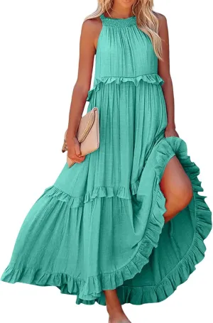 Smocked Halter Maxi Dress for Women Elegant Loose Flowy Tiered Ruffle Dress Summer Swing Tie Back Beach Dresses