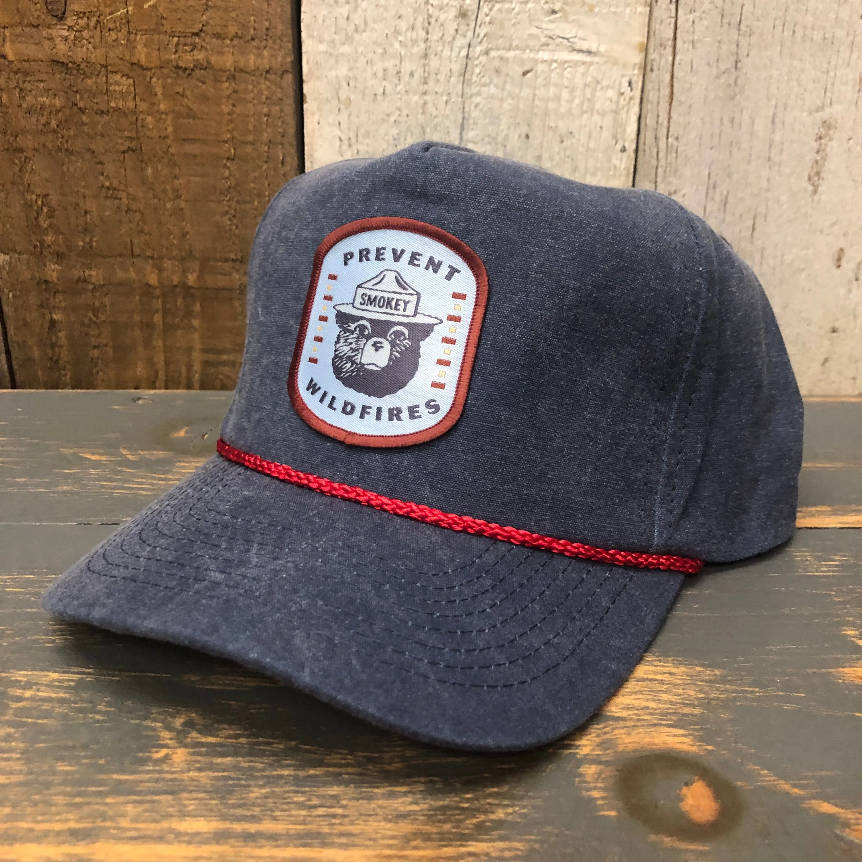 SMOKEY BEAR / PREVENT WILDFIRES 5 panel Stone Washed Canvas 2-Tone - Sky/White Braid 5 panel Stone Washed Canvas 2-Tone - Indigo/Red Braid