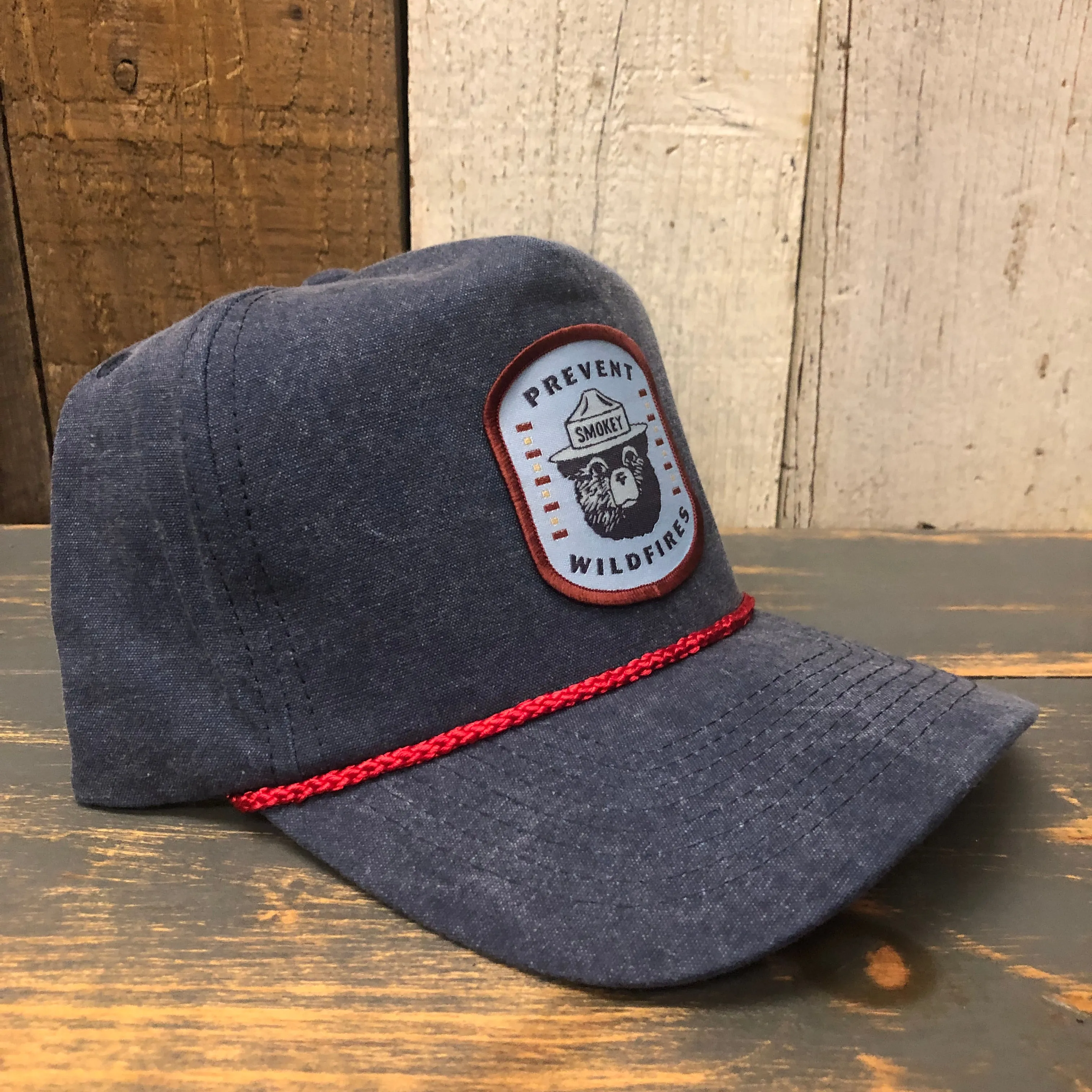SMOKEY BEAR / PREVENT WILDFIRES 5 panel Stone Washed Canvas 2-Tone - Sky/White Braid 5 panel Stone Washed Canvas 2-Tone - Indigo/Red Braid