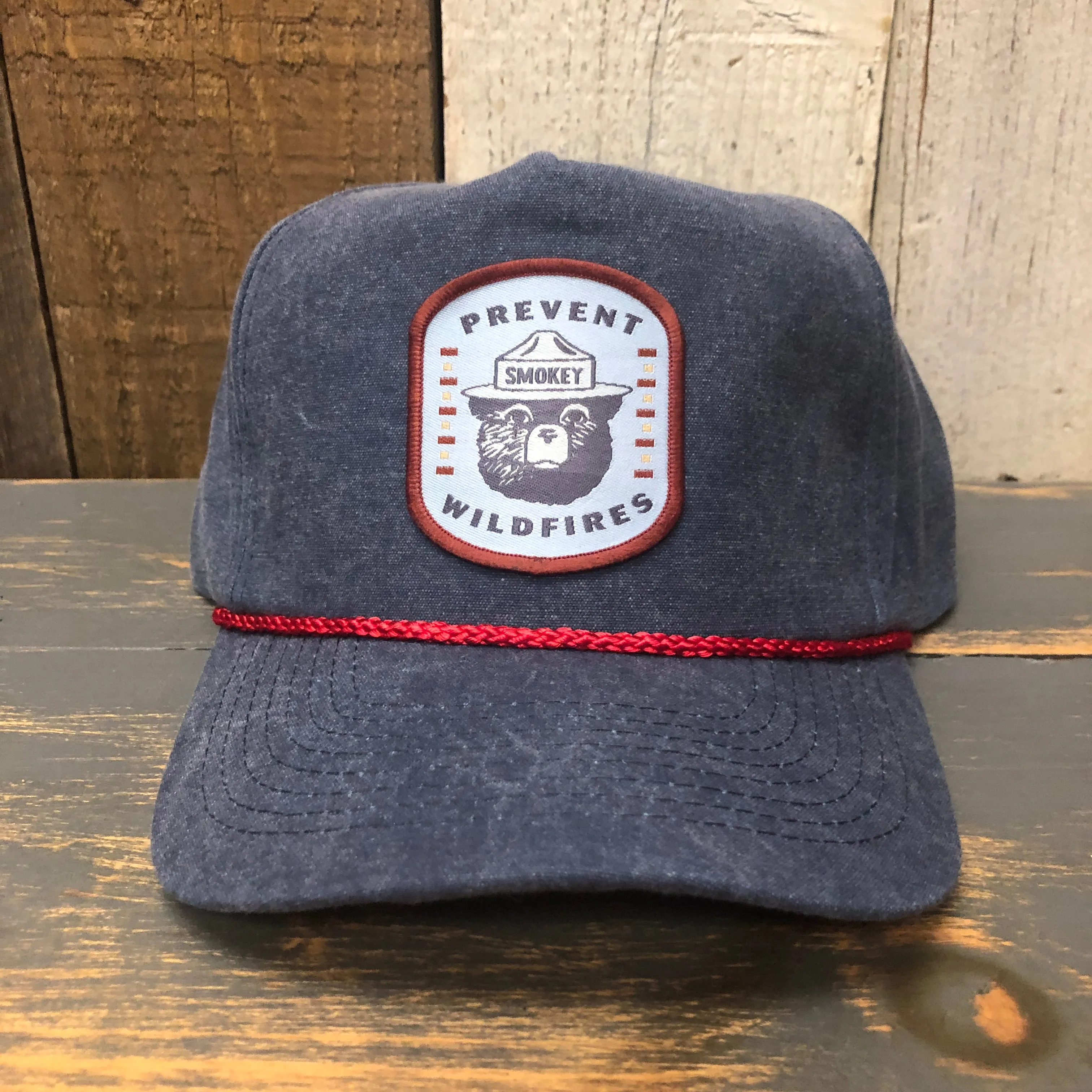 SMOKEY BEAR / PREVENT WILDFIRES 5 panel Stone Washed Canvas 2-Tone - Sky/White Braid 5 panel Stone Washed Canvas 2-Tone - Indigo/Red Braid