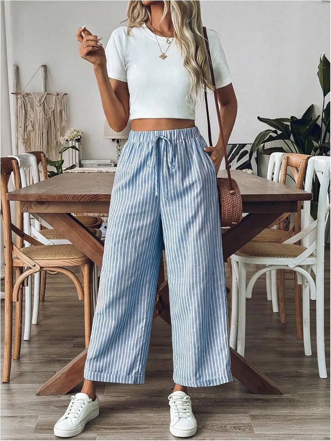 SOLY HUX Women's Striped Pants Tie Front High Waisted Wide Leg Pants with Pockets