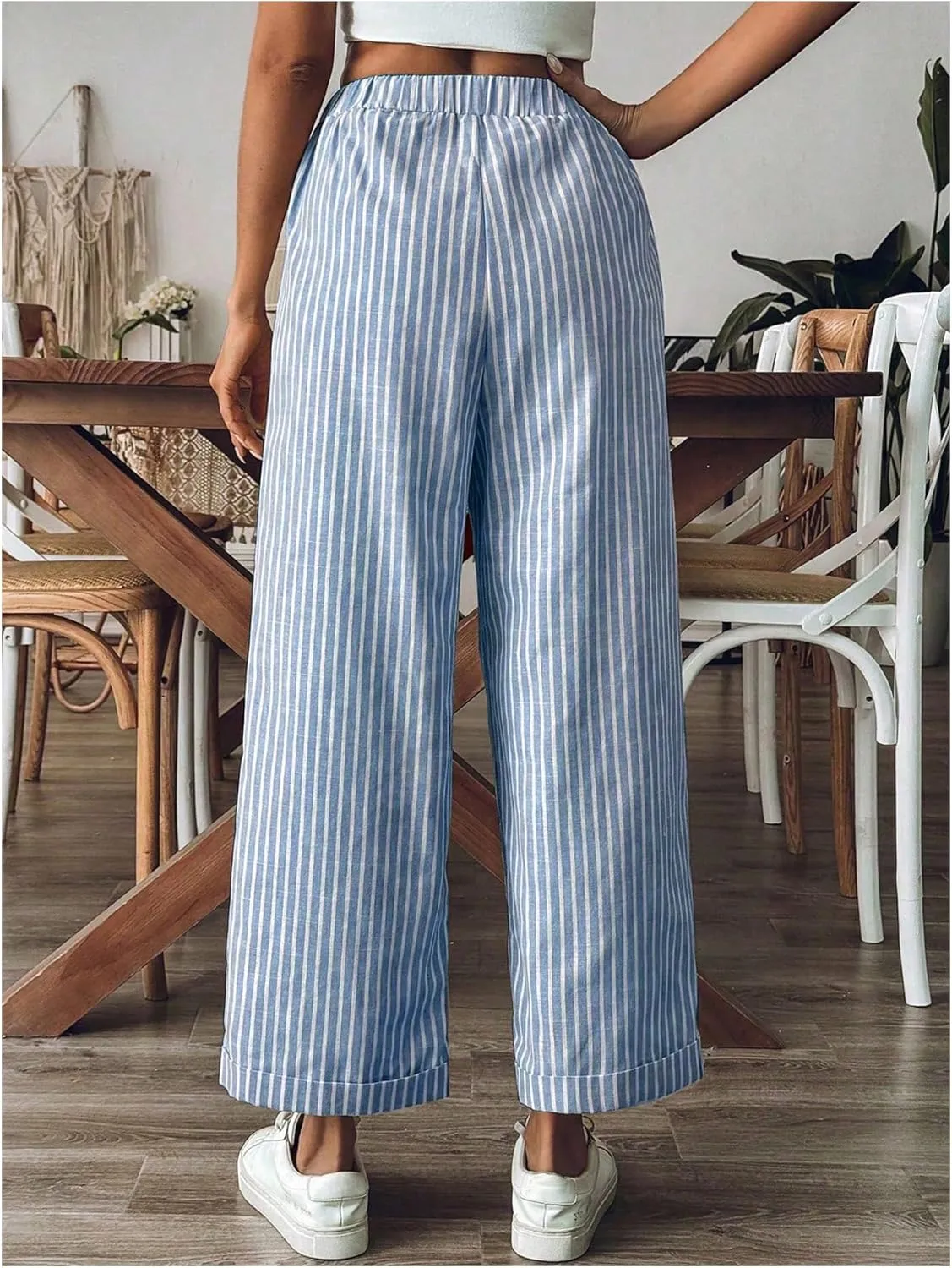 SOLY HUX Women's Striped Pants Tie Front High Waisted Wide Leg Pants with Pockets