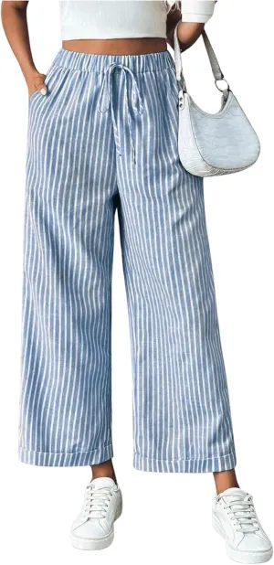 SOLY HUX Women's Striped Pants Tie Front High Waisted Wide Leg Pants with Pockets