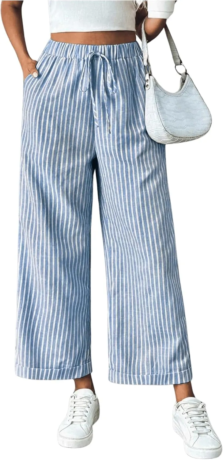 SOLY HUX Women's Striped Pants Tie Front High Waisted Wide Leg Pants with Pockets