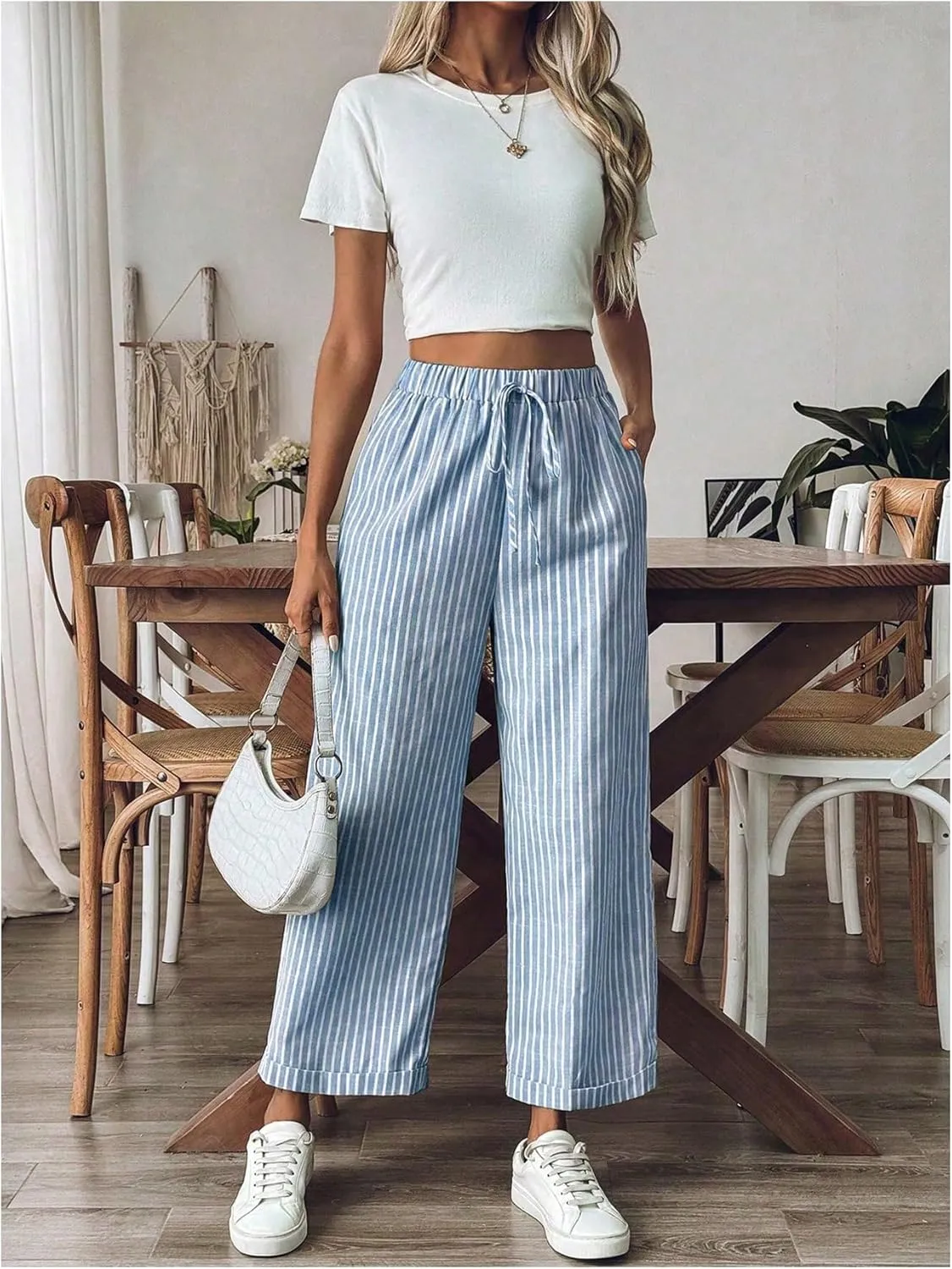 SOLY HUX Women's Striped Pants Tie Front High Waisted Wide Leg Pants with Pockets